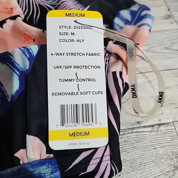 DKNY Women's Medium One Piece Tummy Control Bathing Suit Black Floral  UPF NWT‎ - Picture 6 of 7